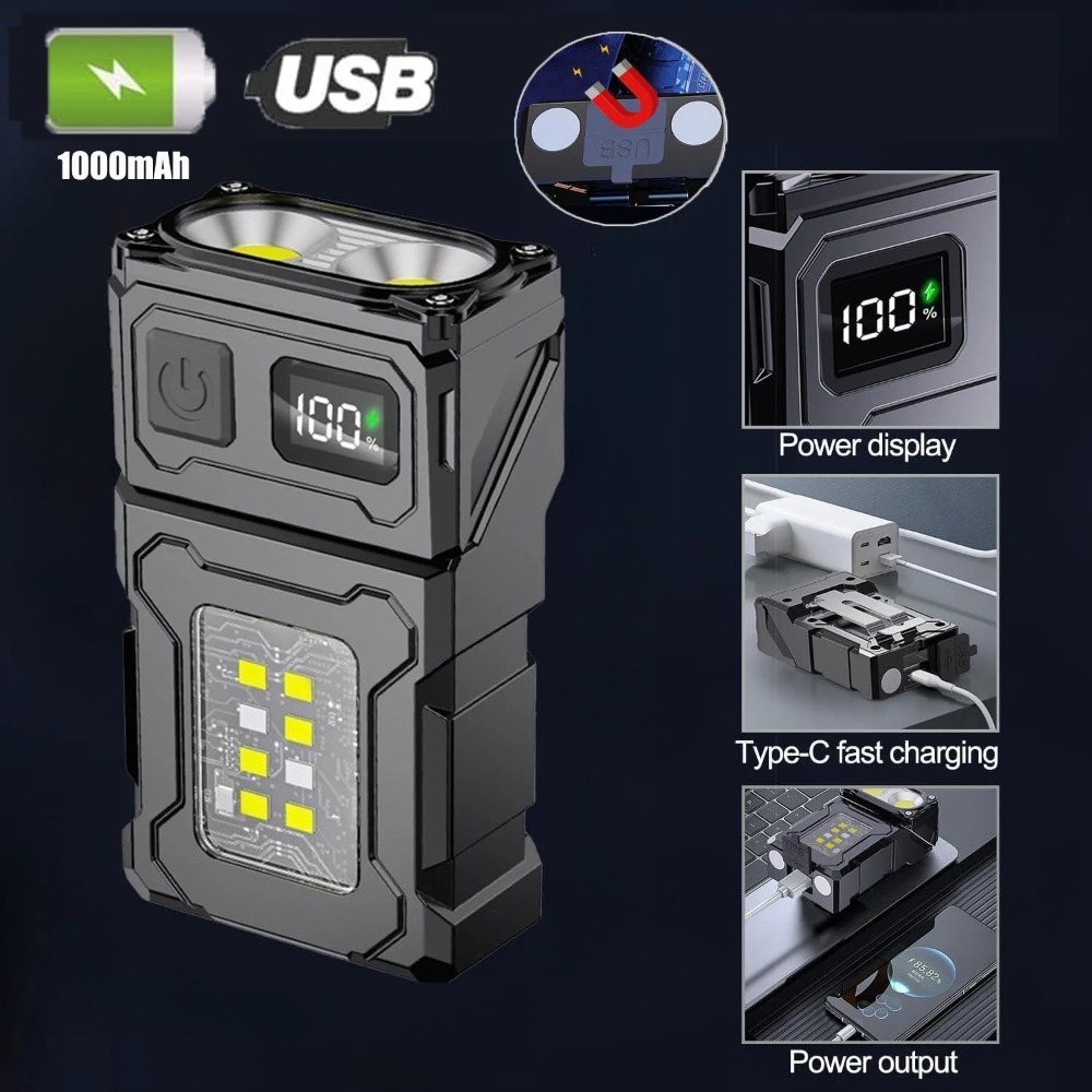 Keychain Flashlight - 180 ° 回転可能なLED懐中電灯USB充電式キーホルダーライトポータブル磁気クリップオンワークライトハイキングキャンプ釣り用
