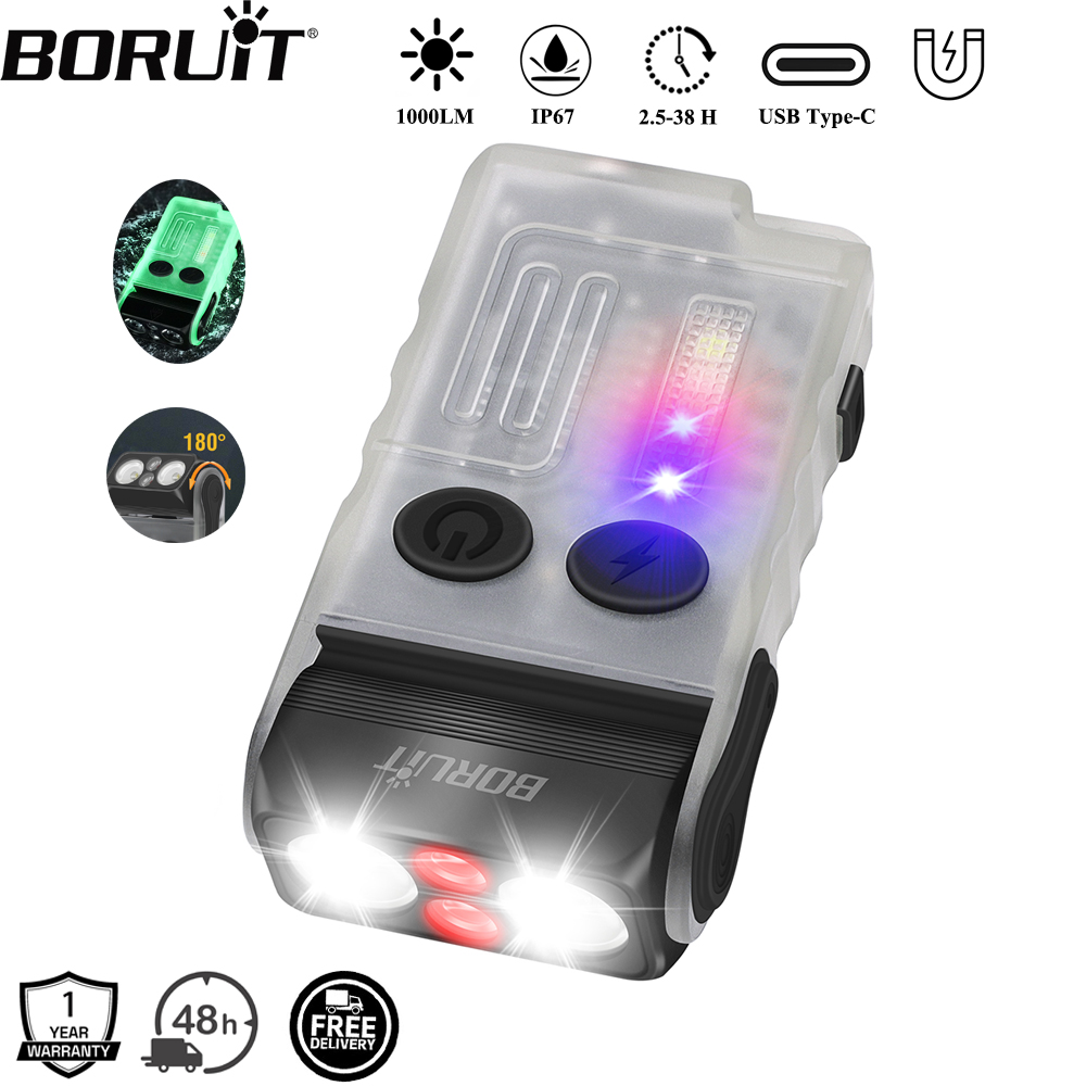 Keychain Flashlight - BORUiT V20 ブザー付きEDC LEDキーホルダー懐中電灯、ヘッドスイベル式、Type-C充電式作業灯、マグネット付きキャンプランタン